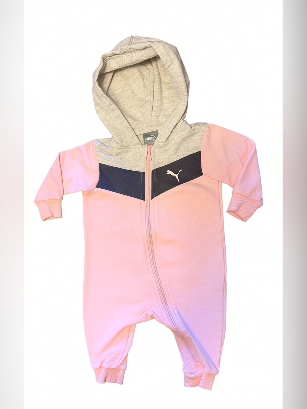 Puma Pink, Gray & Navy Hooded Infant Footie 3-6M